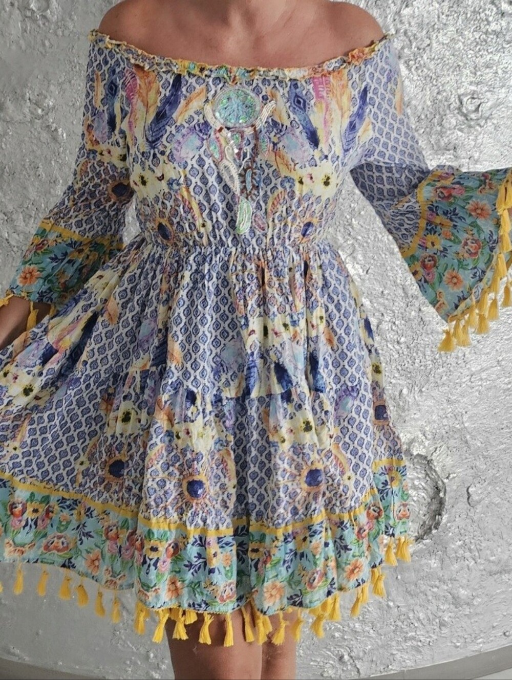 Antica Sortoria Embroidered Floral Long-Sleeve Tassel Dress in Blue and Yellow - Picture 12 of 12